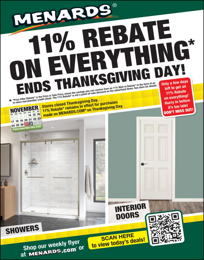 11 Rebate on Everything End Thanksgiving Day!, Menards, Dundas, MN